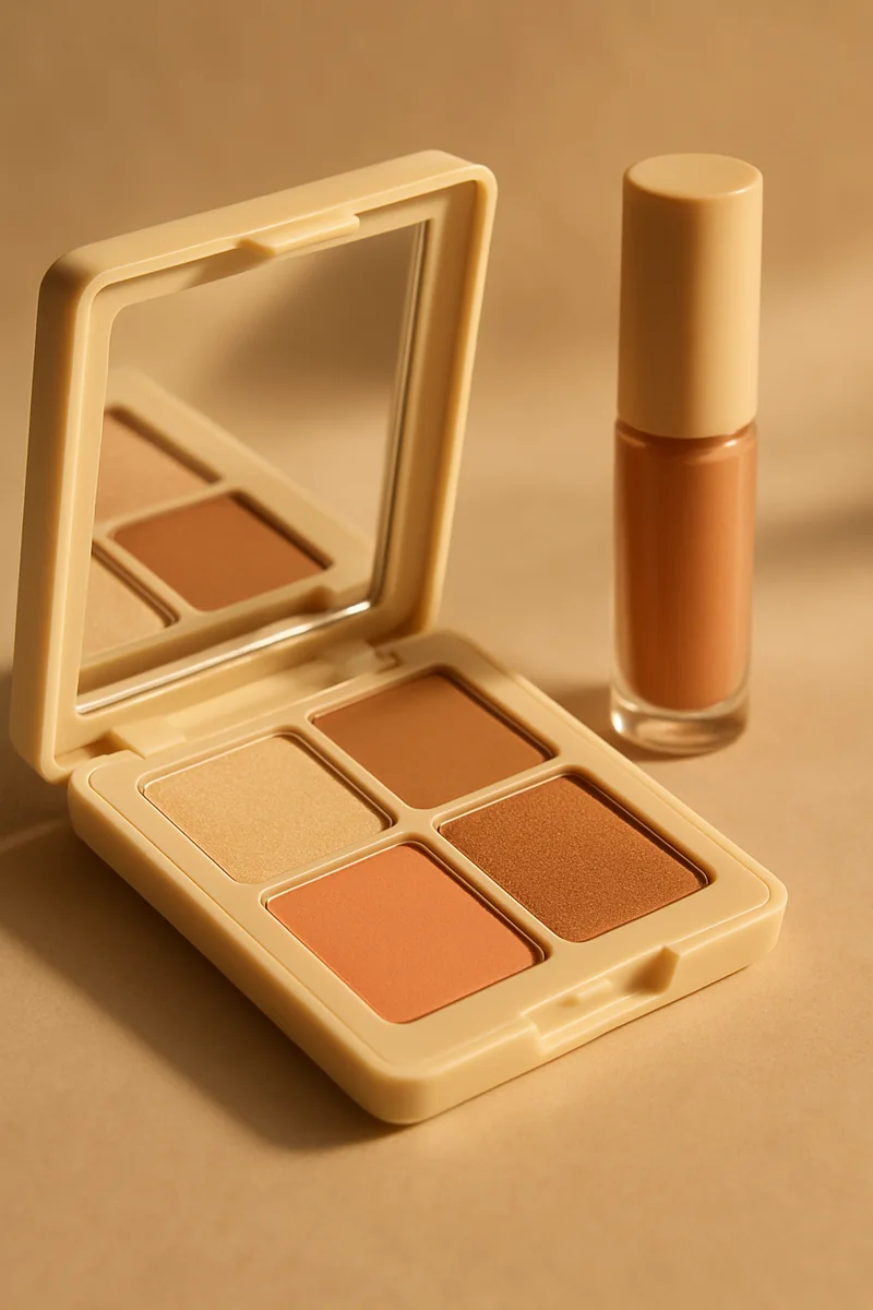 Open gold-toned makeup palette beside a cosmetics bottle.
