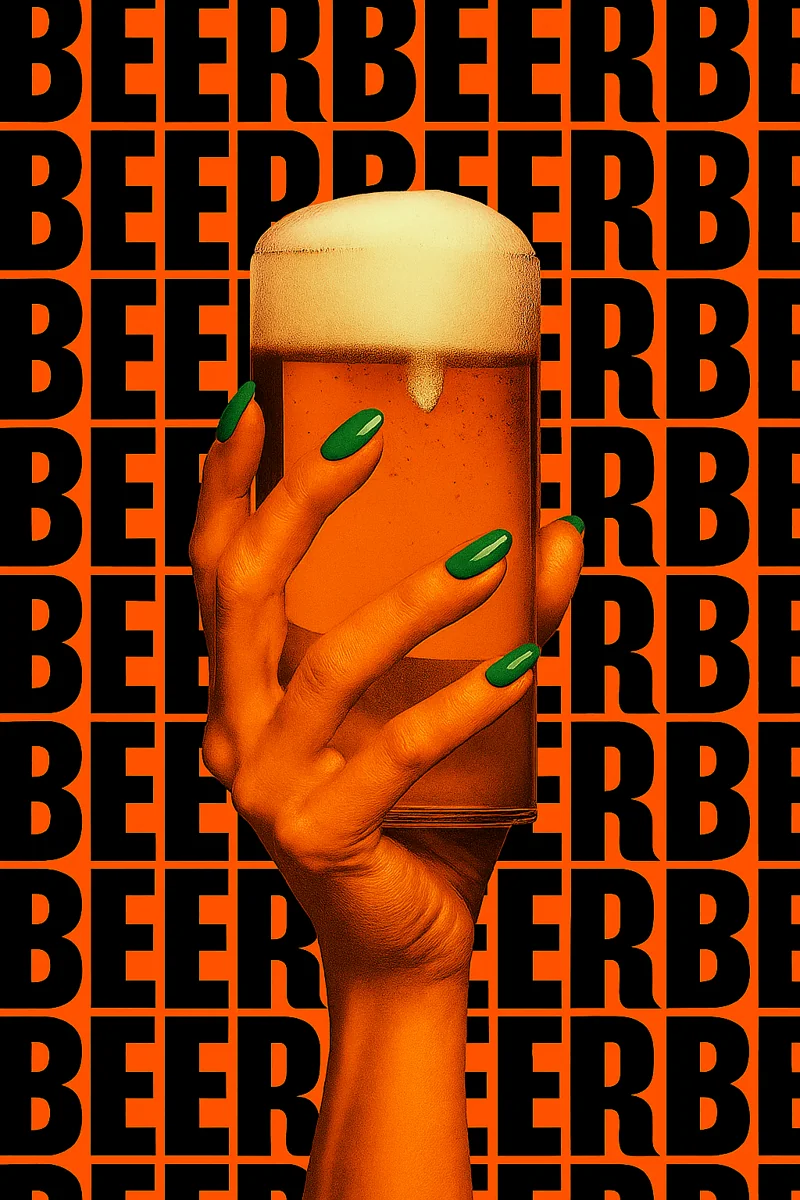 Hand with green nails holding a beer against repeating orange-and-black BEER typography.