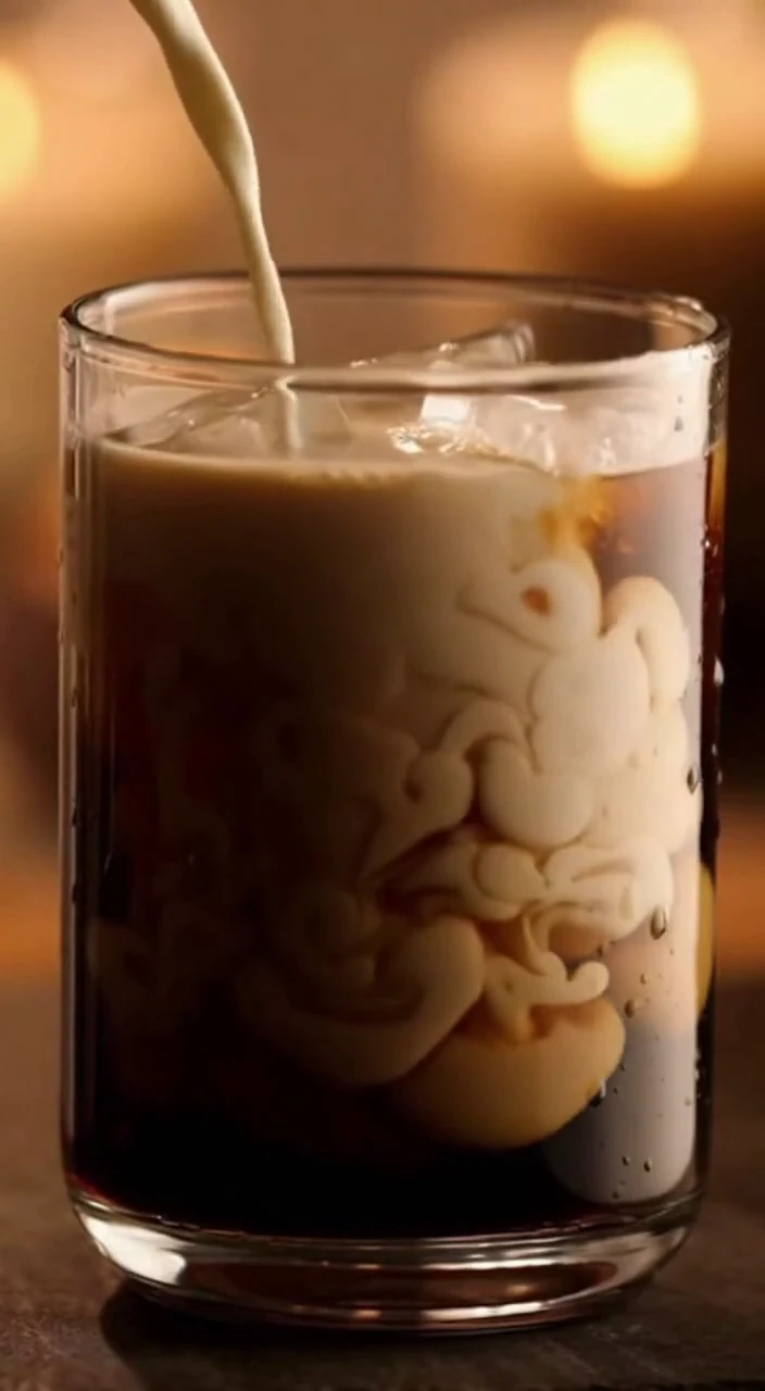 Cream pours into a glass of iced coffee.
