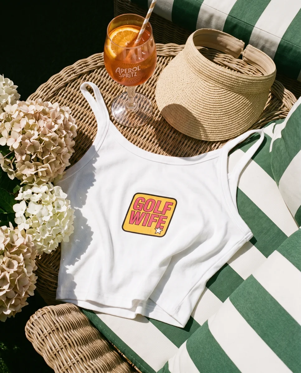 Golf Wife merch in a styled golf flatlay
