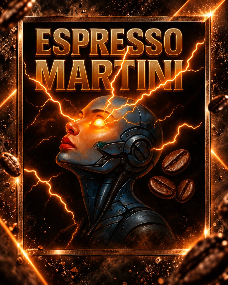 Espresso Martini illustration with orange lightning