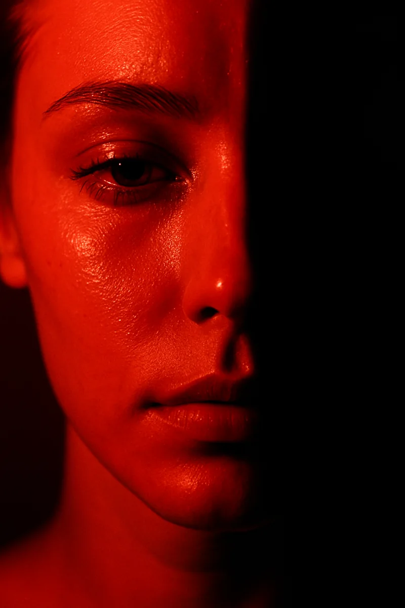 Close-up portrait illuminated in red with deep shadow.